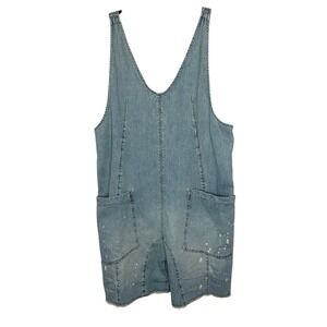 Free People WE THE FREE Denim High Roller Overall Shorts Blue Light Wash Size L